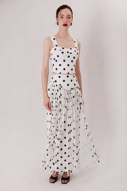 Top Ponti en polka dots con Falda Ponti Flecos — Sanna, colección The Gentlewoman