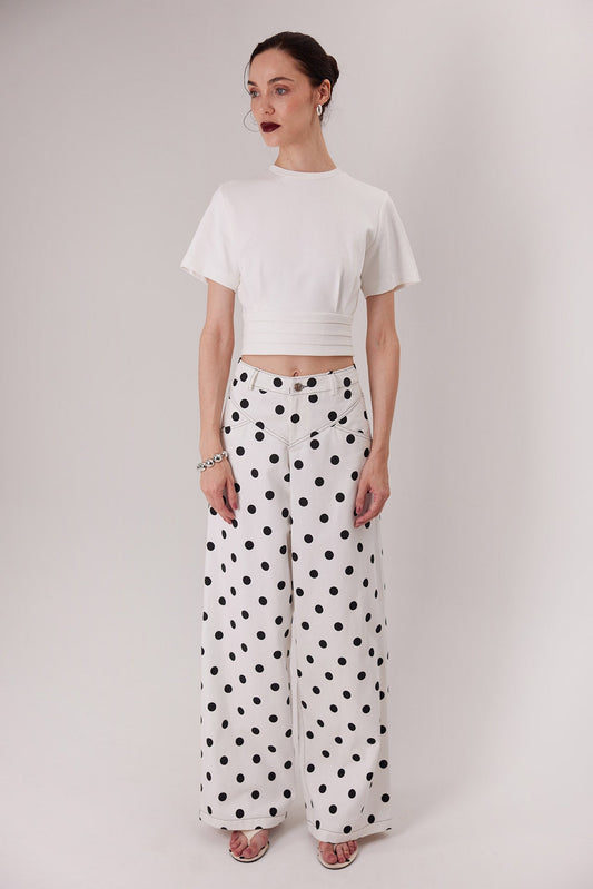 Pantalón Montenegro en polka dots con Top Polly ivory — Sanna, colección The Gentlewoman